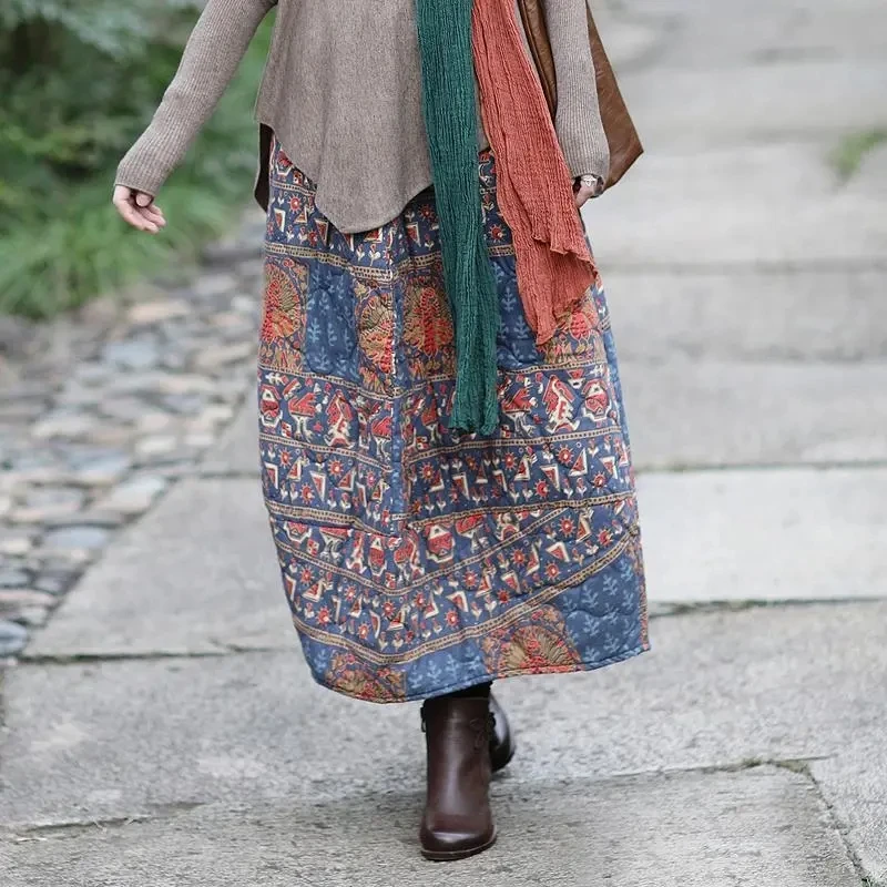 

2022 Autumn Winter New Arts Style Women Elastic Waist Loose A-line Skirt Vintage Print Thicken Cotton Warm Long Skirts Faldas