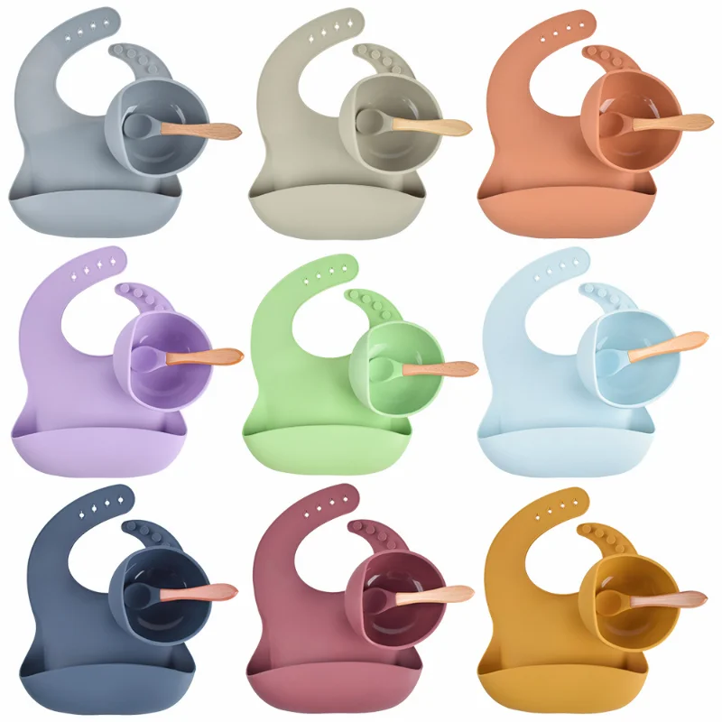 

28 Colors BPA Free Baby Silicone Tableware Waterproof Bib Flexible Saliva Towel Solid Non-Slip Sucker Bowl+Spoon for Children