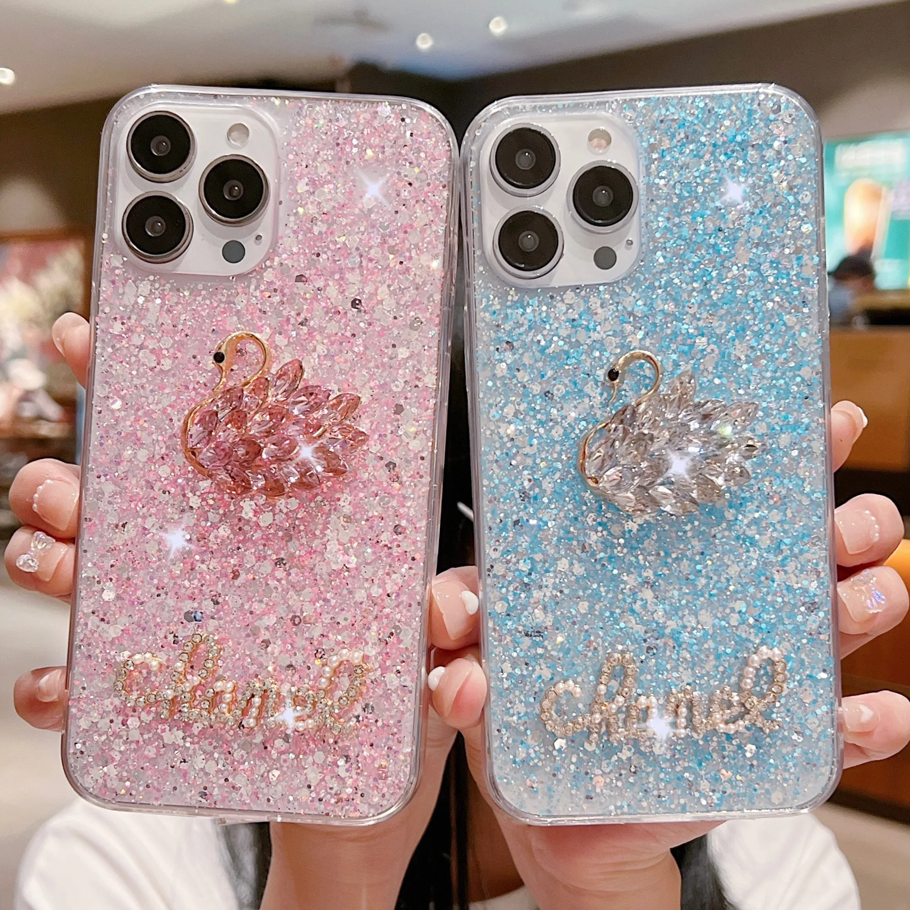

Luxury Glitter Rhinestone Swan Pattern Case for iPhone 13 11 12 Pro MAX Mini XS X XR 6 7 8 Plus SE Shockproof Soft Silicone