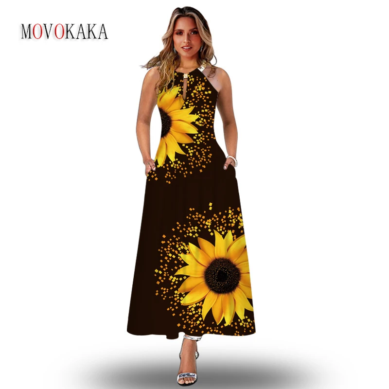 

MOVOKAKA Sexy Straps Elegant Woman Long Dress Summer Casual Beach Holiday Sleeveless Vestidos Sunflower Printing Vintage Dresses