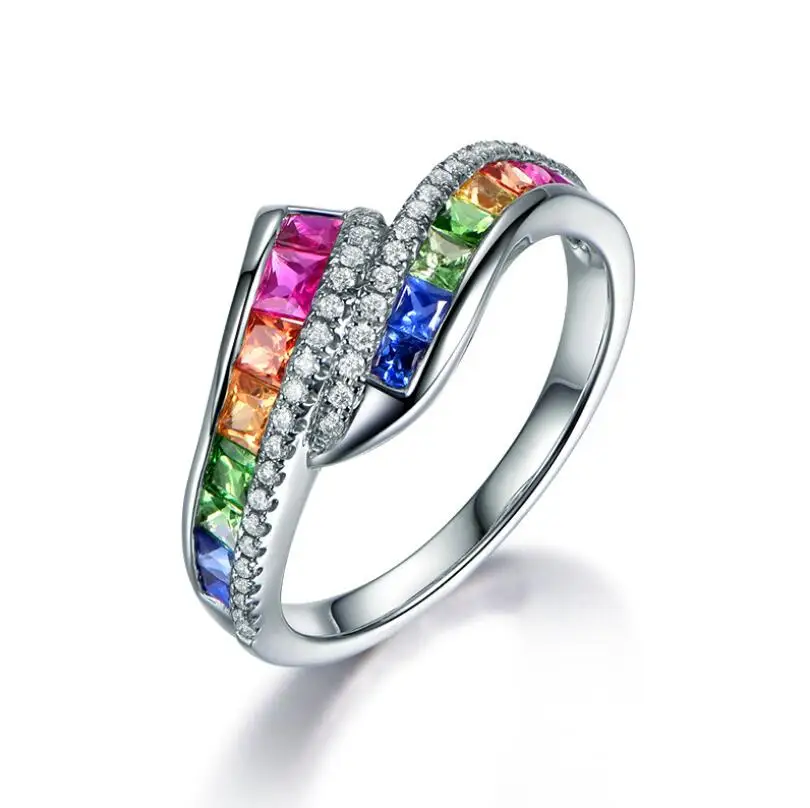 

l New Trendy Ladies White Filled Multicolor Rainbow AAA Zircon Elegant Ring Wedding Engagement Rings Jewelry