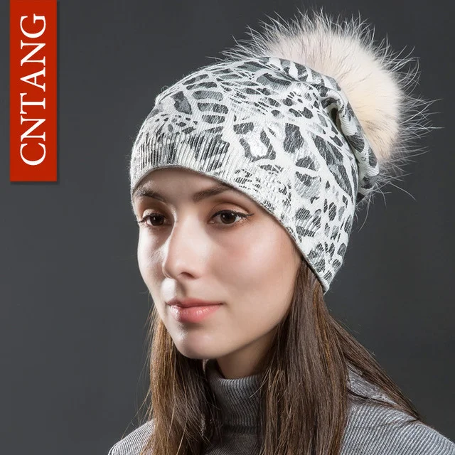CNTANG новый Шапка шерстяная женская, зимняя, с бронзовым узором, с  натуральным помпоном, шляпы с леопардовым рисунком | AliExpress
