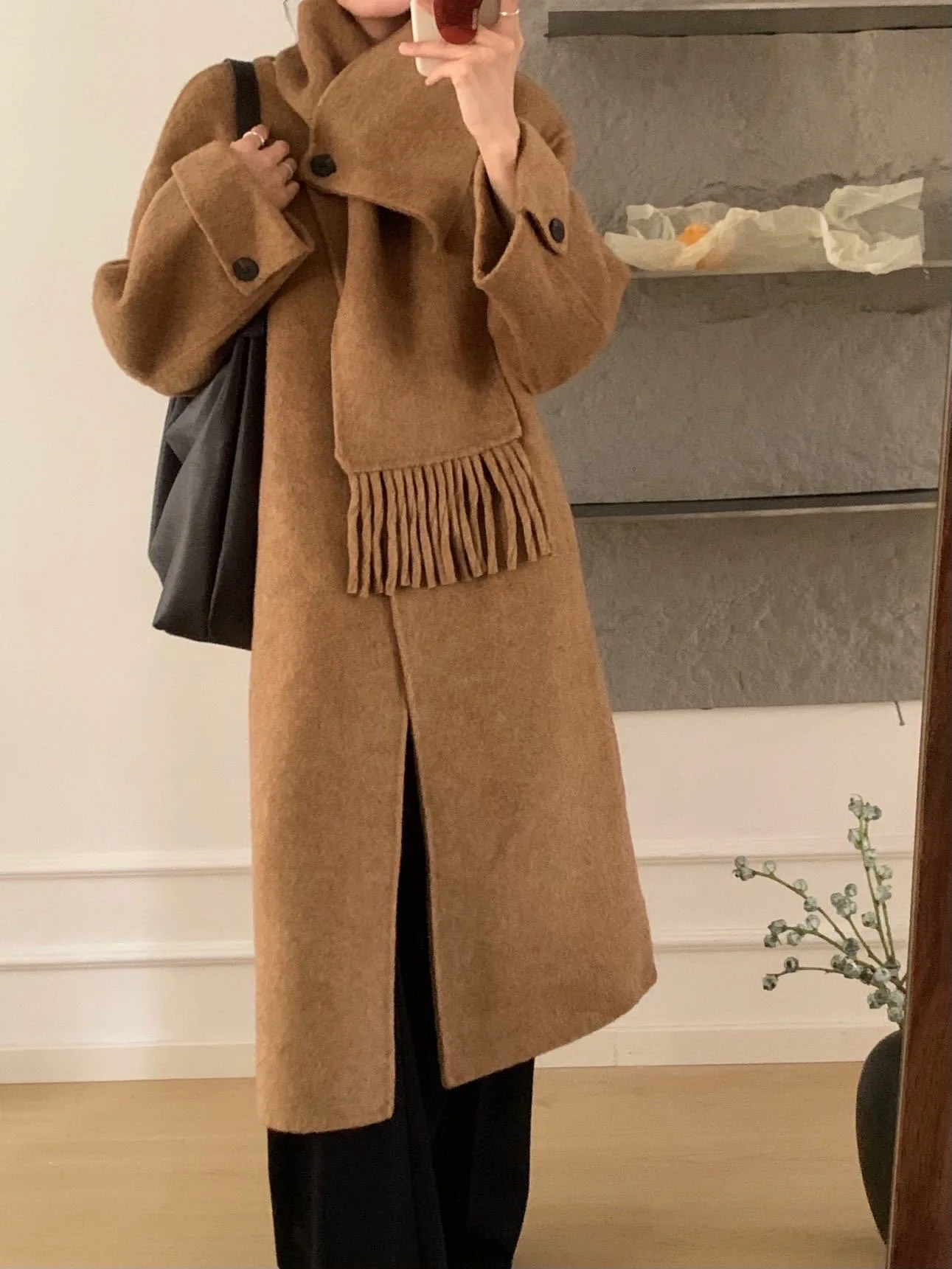 2024 зимнее женское серое толстое шерстяное пальто с воротником-шарфом и свободным