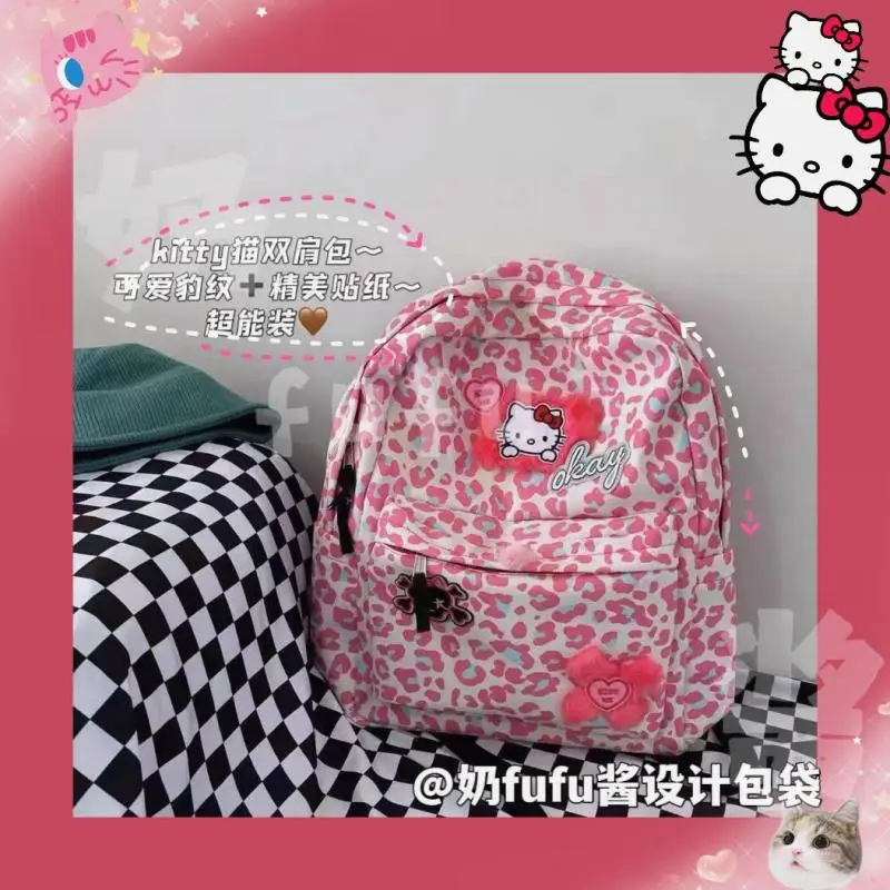 

Милый рюкзак Sanrio Kawaii, школьный рюкзак Hello Kitty, Сумка с леопардовым принтом, мультяшная анимация, милый девочка, рождественский подарок для де...