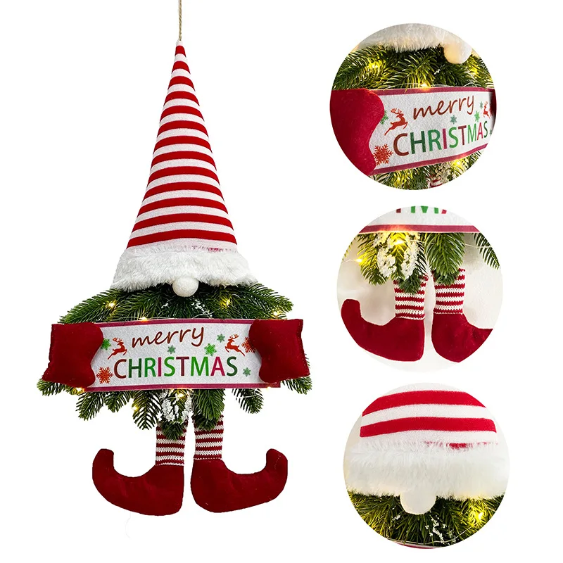 

LED Artificial Merry Christmas Gnome Wreath Elk Hat Garland Pendant for Farmhouse Front Door Window Party Decoration Supplies