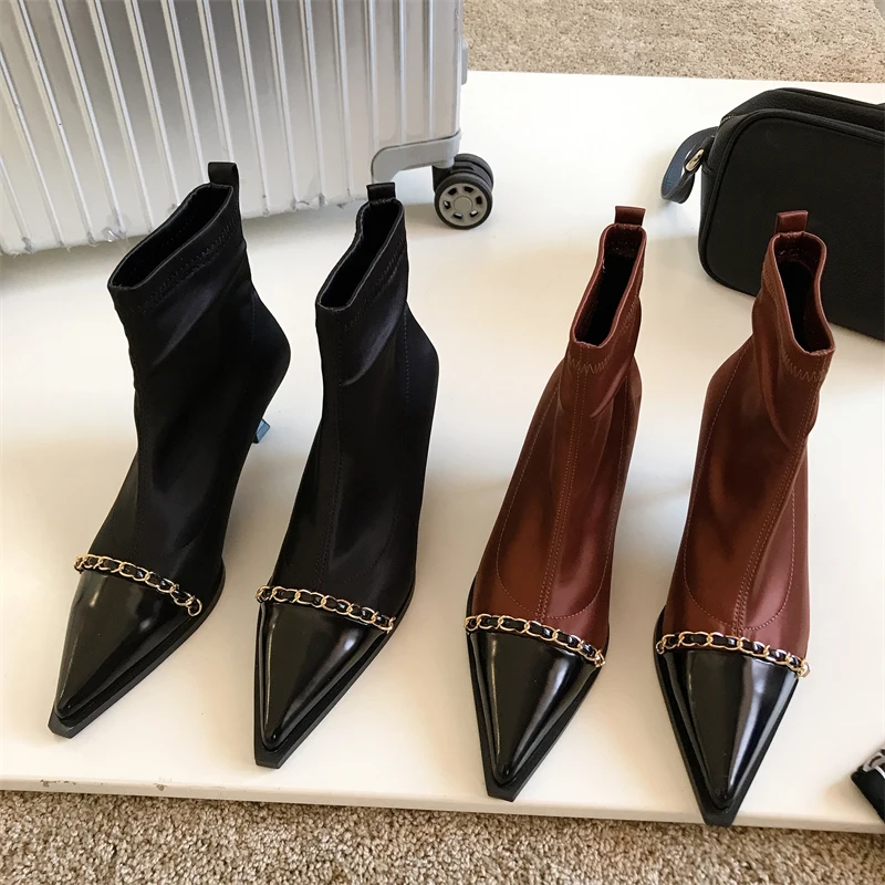 

Fashion Women Ankle Boots Silk Ladies Thin Mid Heels Slip On Sexy Party Pumps Brown Black Metal Chain Pointed Toe Sock Booties