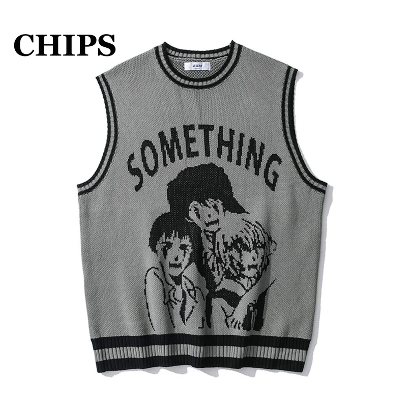 

CHIPS 2022 Anime Print Knit Sweater Vest Men Women Streetwear Hip Hop Harajuku Vest High-Quality Cotton Japanese Sweater Vest