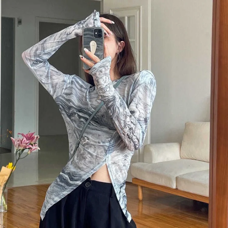 

Корейский шикарный топ с круглым вырезом и чернильным принтом, солнцезащитные топы из вискозы, летние Асимметричные Футболки с длинным рукавом, сексуальный укороченный топ, тонкие рубашки