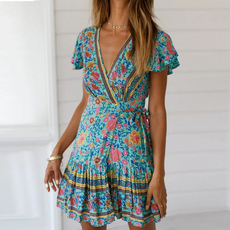 

BellFlower Bohemian Printed Summer Dress for Women Sexy Deep V-neck Ruffle Lace Up Short Sleeved Leisure Vacation Mini Dress