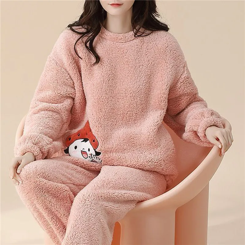 Senhoras pijamas de flanela de inverno feminino conjunto de pijamas de lã sleepwear grosso quente veludo feminino homewear terno bonito doce pijamas 2