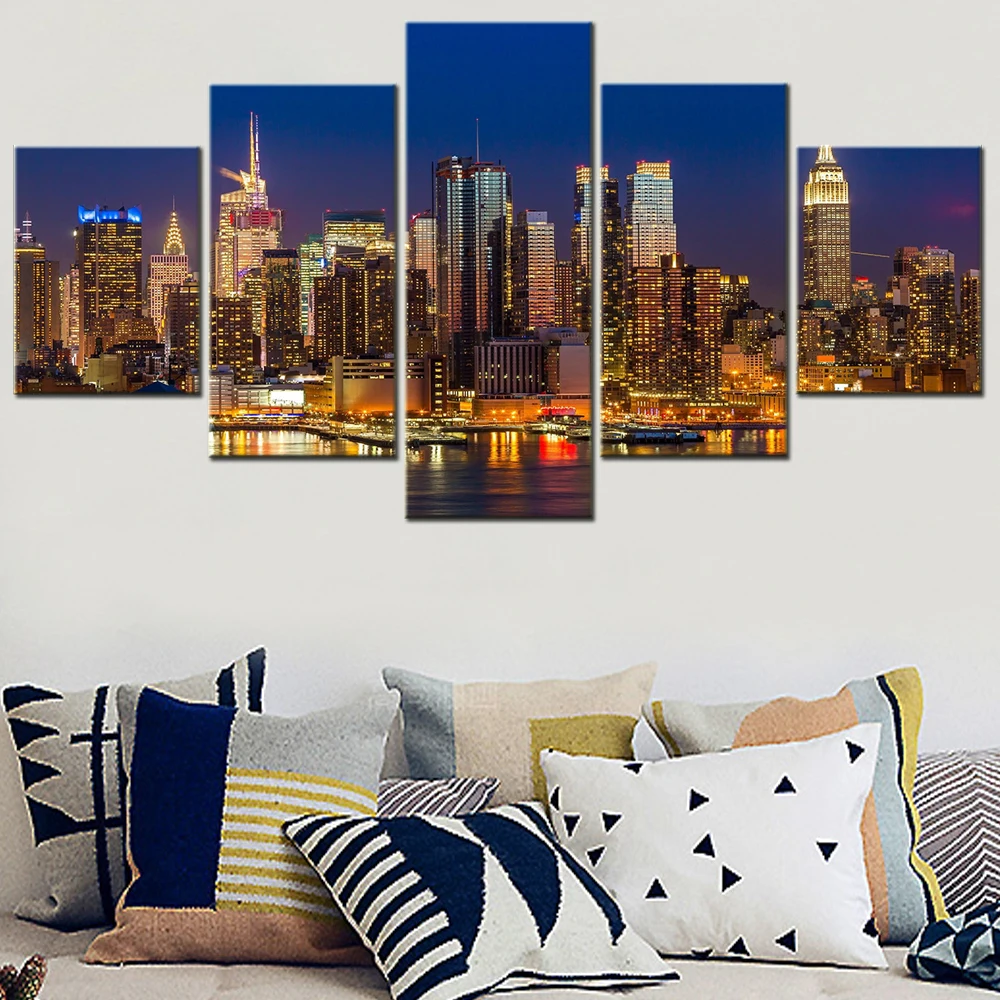 

5 Piece New York City Building Night View Modern Poster Canvas Paintings Art for Home Living Room Decor Pictures On The Wall