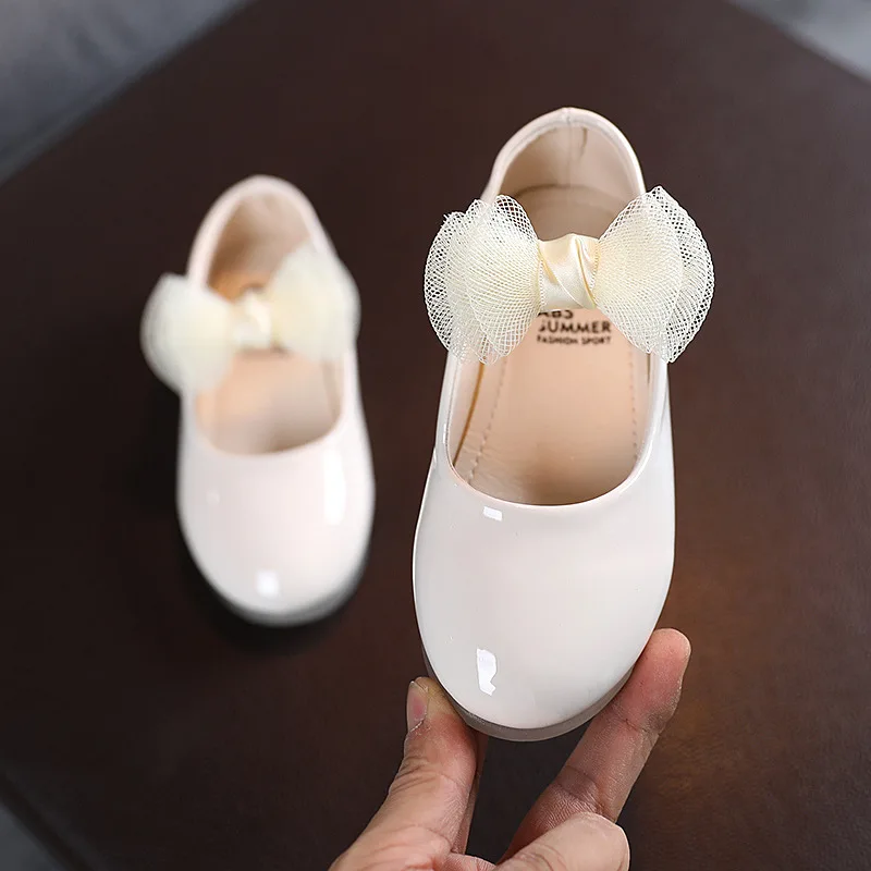 

22-31 Girls Princess Shoes Toddlers Flats Lace Bow-knot PU Patent Leather Shoes For Little Children Sweet Soft Kids Dress Shoes