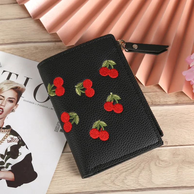 

Fashion Women Short Wallet Small PU Leather Cherry Embroidery Lady Coin Purse Card Holders Female Girl Mini Money Bag