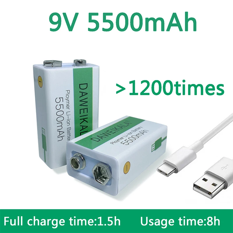 

New 9V 5500mAh li-ion Rechargeable battery Micro USB Battery 9 v lithium for Multimeter Microphone Toy +USB charging cable