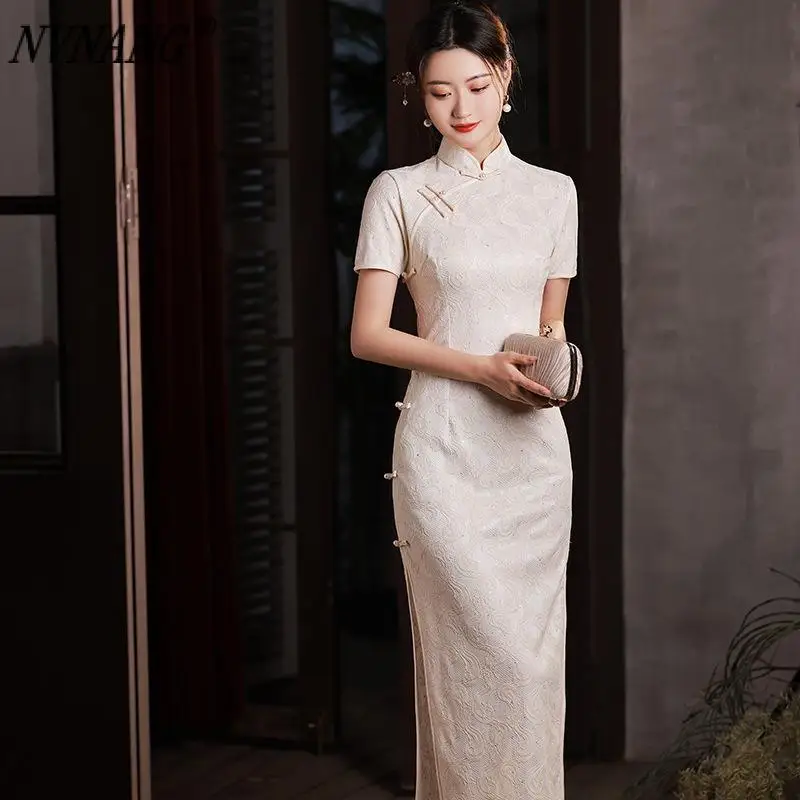

Nvnang Chinese Cheongsam, Spring and Summer New Sequins Lace Elegant Fashion Cheongsam Intellectual Slim Banquet Model Dress
