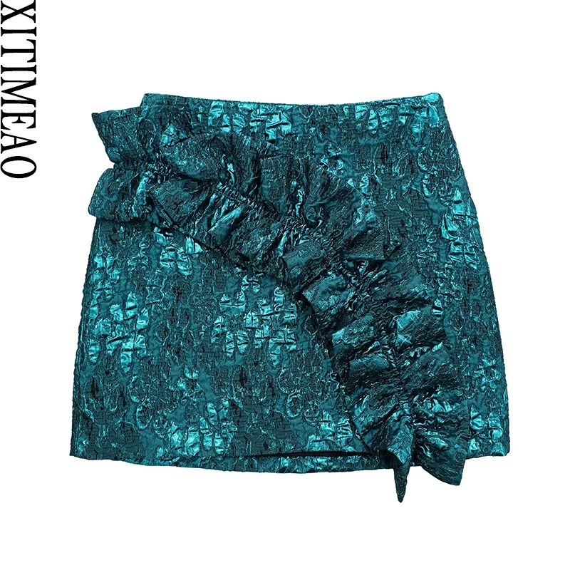 

Xitimeao Women Fashion With Ruffled Patterned Mini Skirt Vintage High Waist Side Zipper Female Short Skirts Mujer