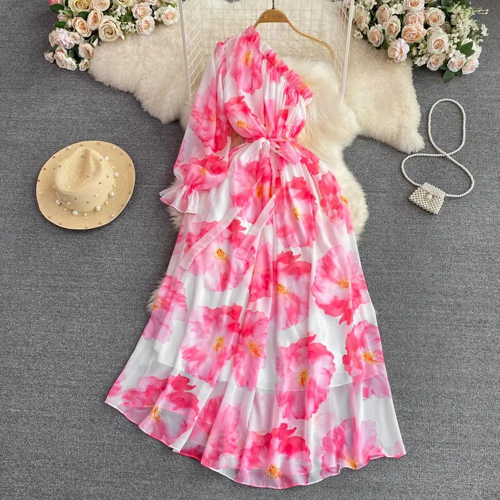 

Runway Ruffles One Shoulder Holiday Chiffon Dresses Women Summer Designer Floral Print Lace Up Flowy Bohemain Beach Dress