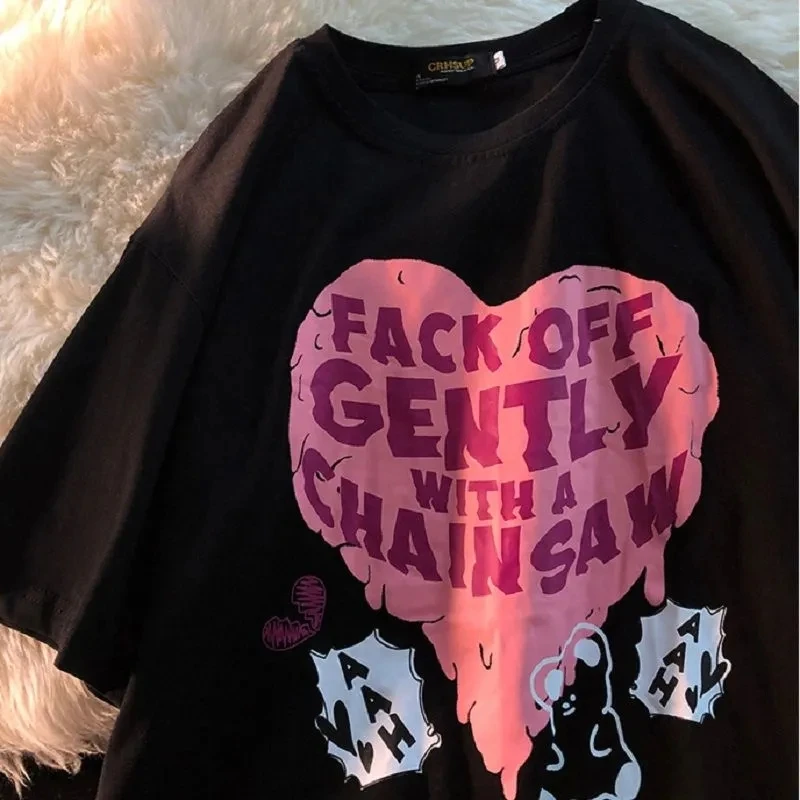

Top Women Oversize Street Harajuku Bear Print Short Sleeve Round Neck Y2K Retro Sweet Letters Kawaii Love T-Shirt Casual Loose