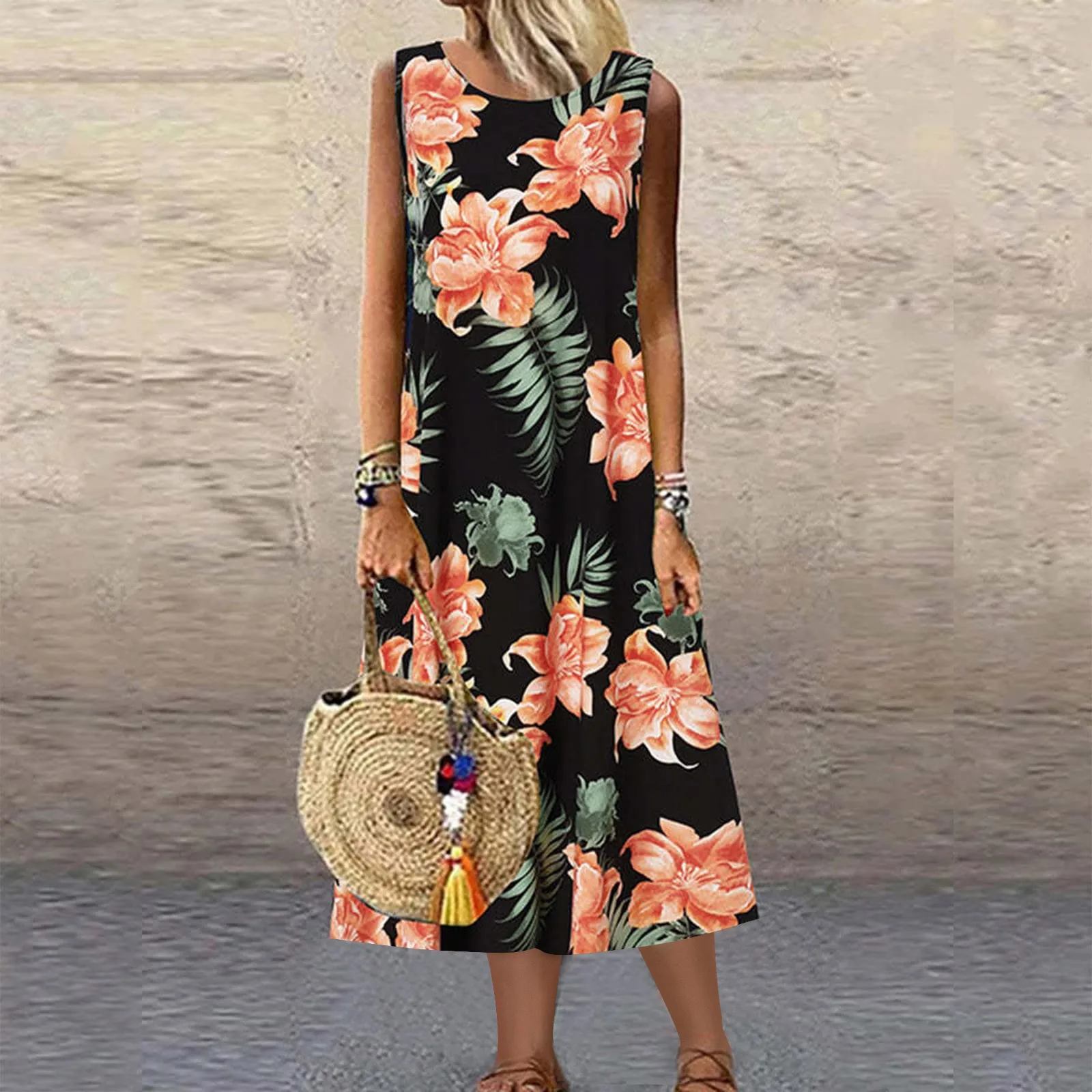 

Casual Loose Bohemian Floral Print Long Women Dreses Summer Sleeveless Frill Maxi Dress Ladies Holiday Beach Dress