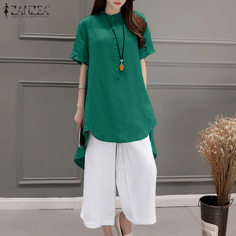 

Women Casual 2PCS Short Sleeve Top Leg Wide Pant ZANZEA Vintage Irregular Pant Sets Beach Suits 2022 Spring Cotton Matching Sets