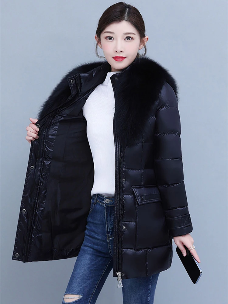 New Women Fur Down Jacket Winter Fashion Luxurious Real Fox Fur Collar Thicken Warm Medium Long Belt Slim Puff Down Coat Female