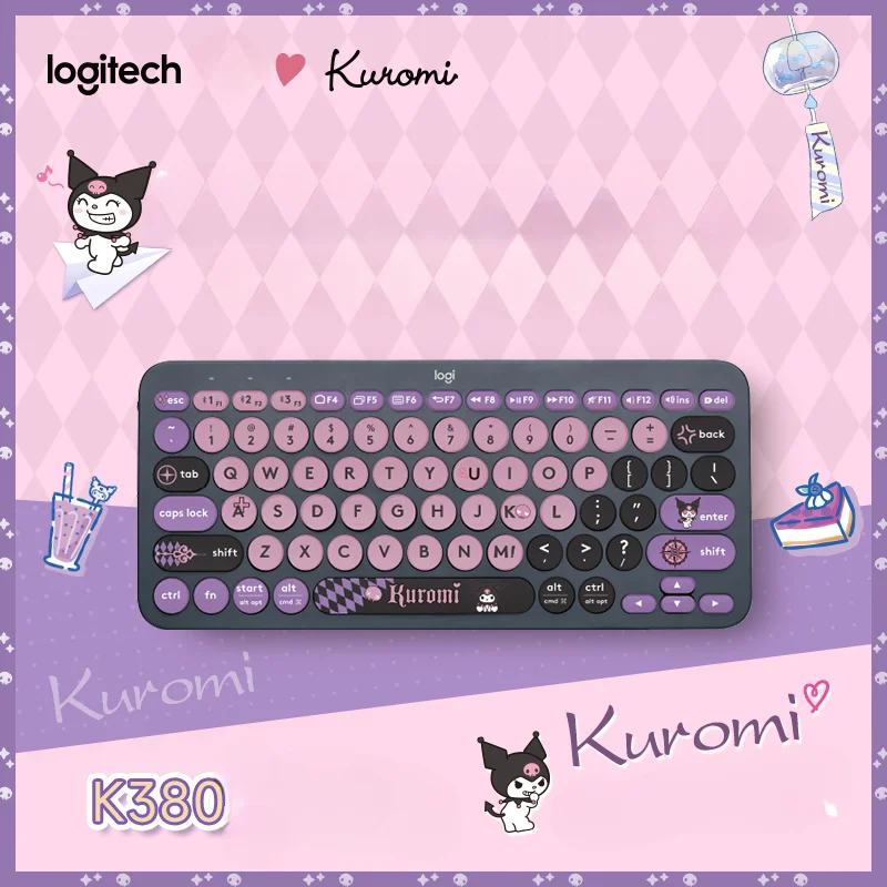 

Клавиатура Sanrio Kuromi Logitech K380, милая мультяшная высокоценная Беспроводная Bluetooth клавиатура с сердечками для девушек, тонкая портативная игровая клавиатура для офиса
