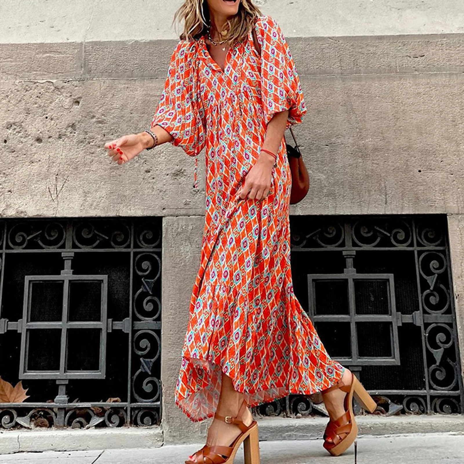 

Женское платье оверсайз с пышными рукавами, женское летнее платье с v-образным вырезом, свободная посадка на шнуровке в стиле бохо, с цветочным принтом, для вечеринки, Vestidos