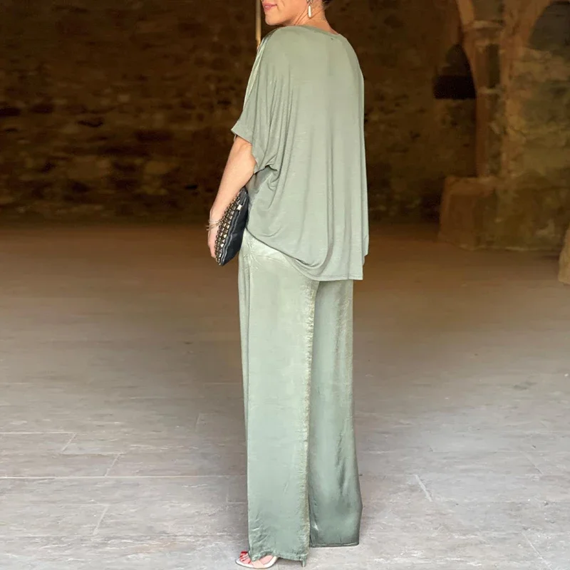 Однотонный топ с V-образным вырезом и брюки широкими штанинами комплекты одежды