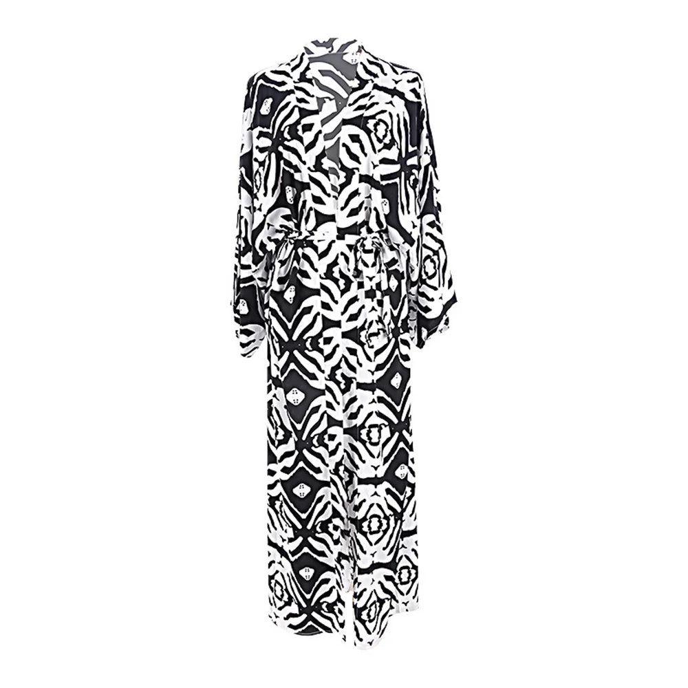 2022 Bohemian Print White Beach Bikini Cover Up Dress Tunic Long Pareos Bikinis Elegant Self Belted Kimono Robe Plage Beachwear |