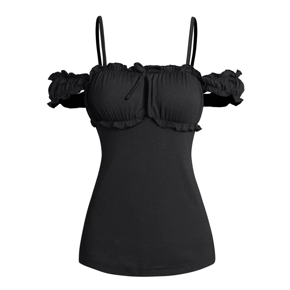 

Dressfo Solid Black Ruffle Tank Tops Short Sleeves Female Straps Summer Tops Bowknot Ruched Plain Color Casual Top For Women