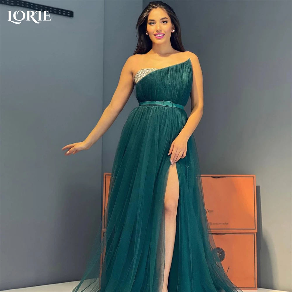 

LORIE Deep Green Formal Prom Dresses Off Shoulder Glitter Side Slit Pleated Evening Dress Shiny Saudi Arabia Bride Party Gowns
