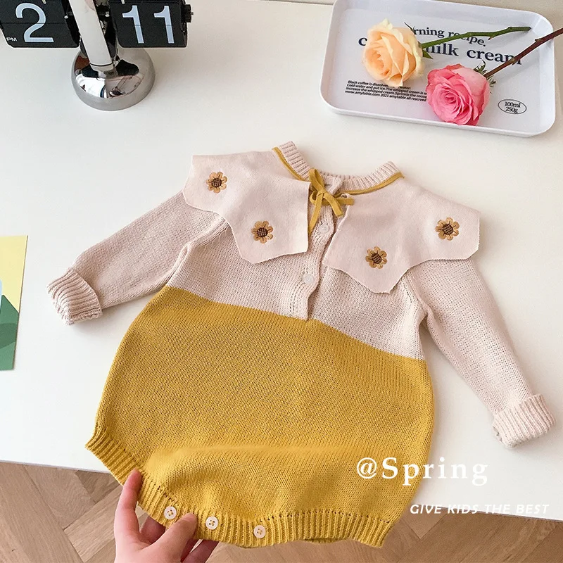 

2023 Korean Spring Autumn Toddler Girls Romper Cotton Knitted Embroidery Flower Drawstring Jumpsuit Infant Girls Outfits