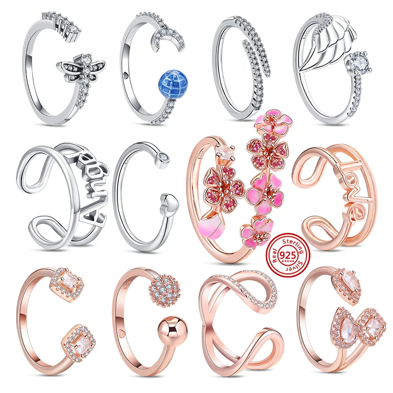 

2022 Fashion Ring 925 Silver Rings Pink Cherry Blossom Star Moon Dragonfly Letter Ins Simple Rings For Women Jewelry Making Gift