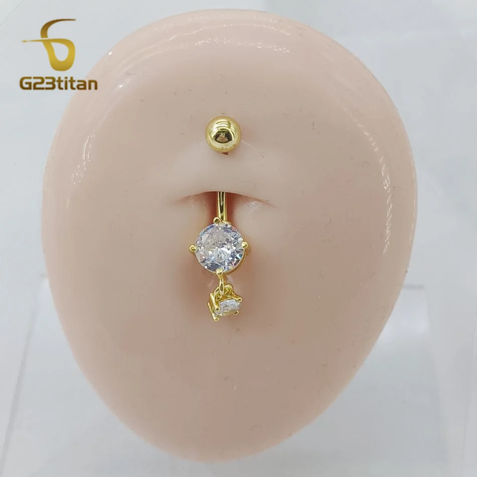 Фото Круглая подвеска кольцо пупка 14G G23 титановое перфорация антиаллергическая пуповина ювелирные изделия дуговая штанга золотисто - серебряный CZ циркон №2