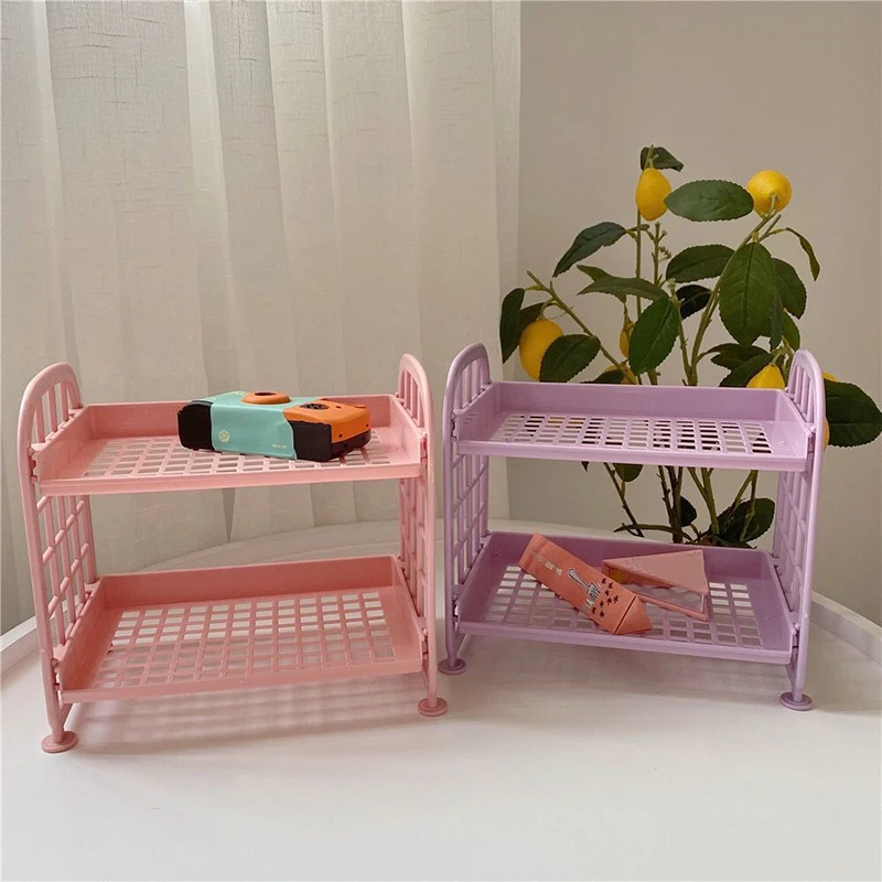 

1Pcs Kawaii Macaron Minimalist Desk Desktop Organizer Storage Rack Student Dormitory Folding Hollow Shelf Skin Care StorageShelf