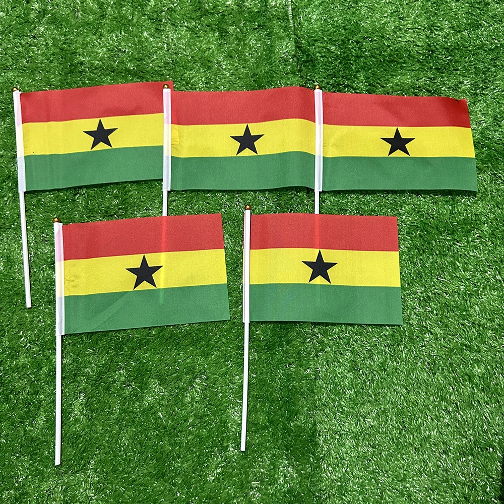 Фото SKY FLAG Ghana ручной флаг 10/20/50/100 шт. 21*14 см Ghana ручные размахивающие флаги с пластиковым жердом для спортивной активности домашний декор №1