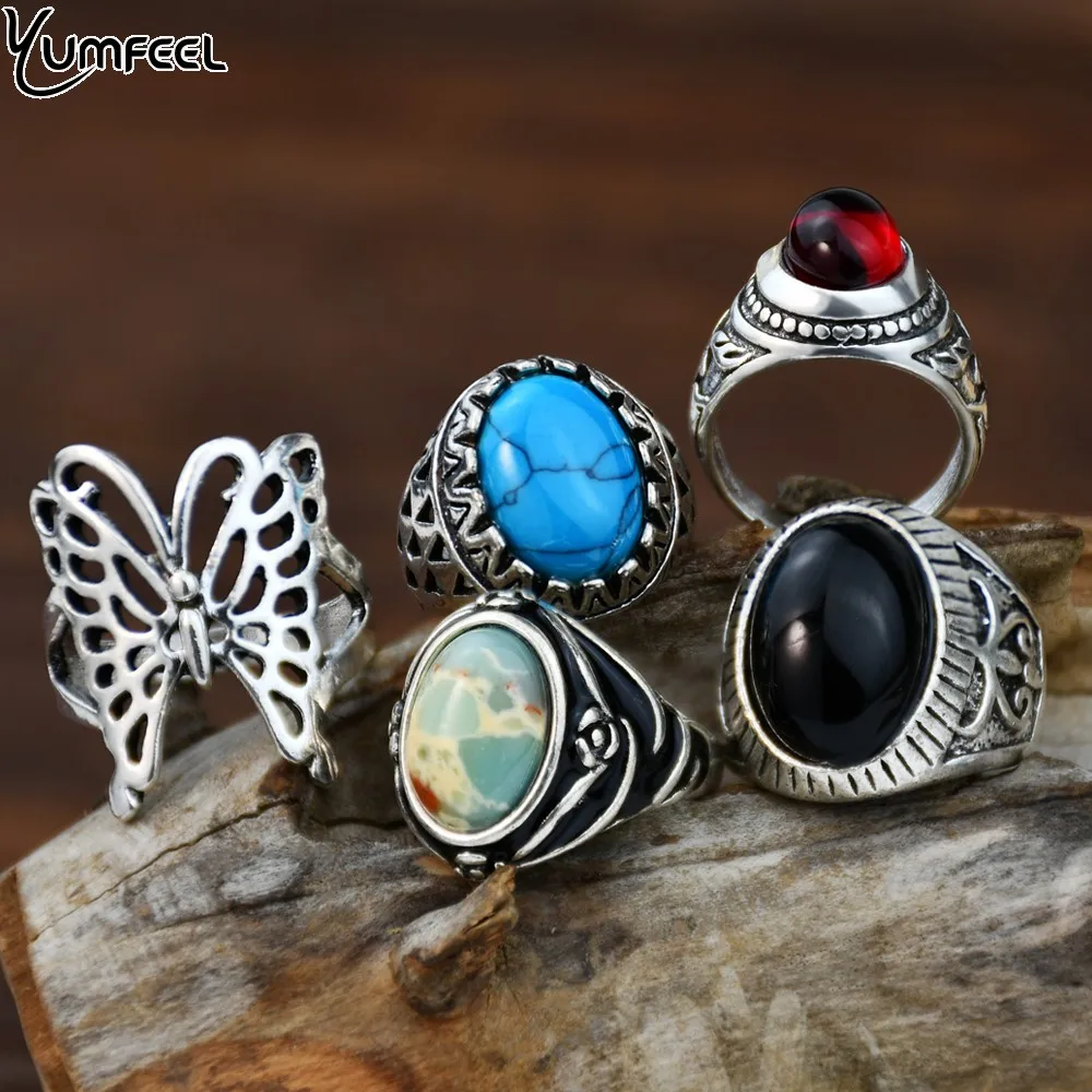 

Новинка, набор женских колец Yumfeel из 5 предметов, старинные посеребренные кольца с драгоценными камнями, винтажные резные кольца с бабочкой, подарок на день матери