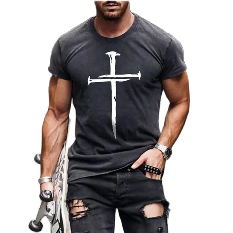 

Retro Men Jesus Christ Cross Print Casual Fashion Loose And Comfortable Round Neck T-Shirt Top Short Sleeve Men Clothing XXS-6XL