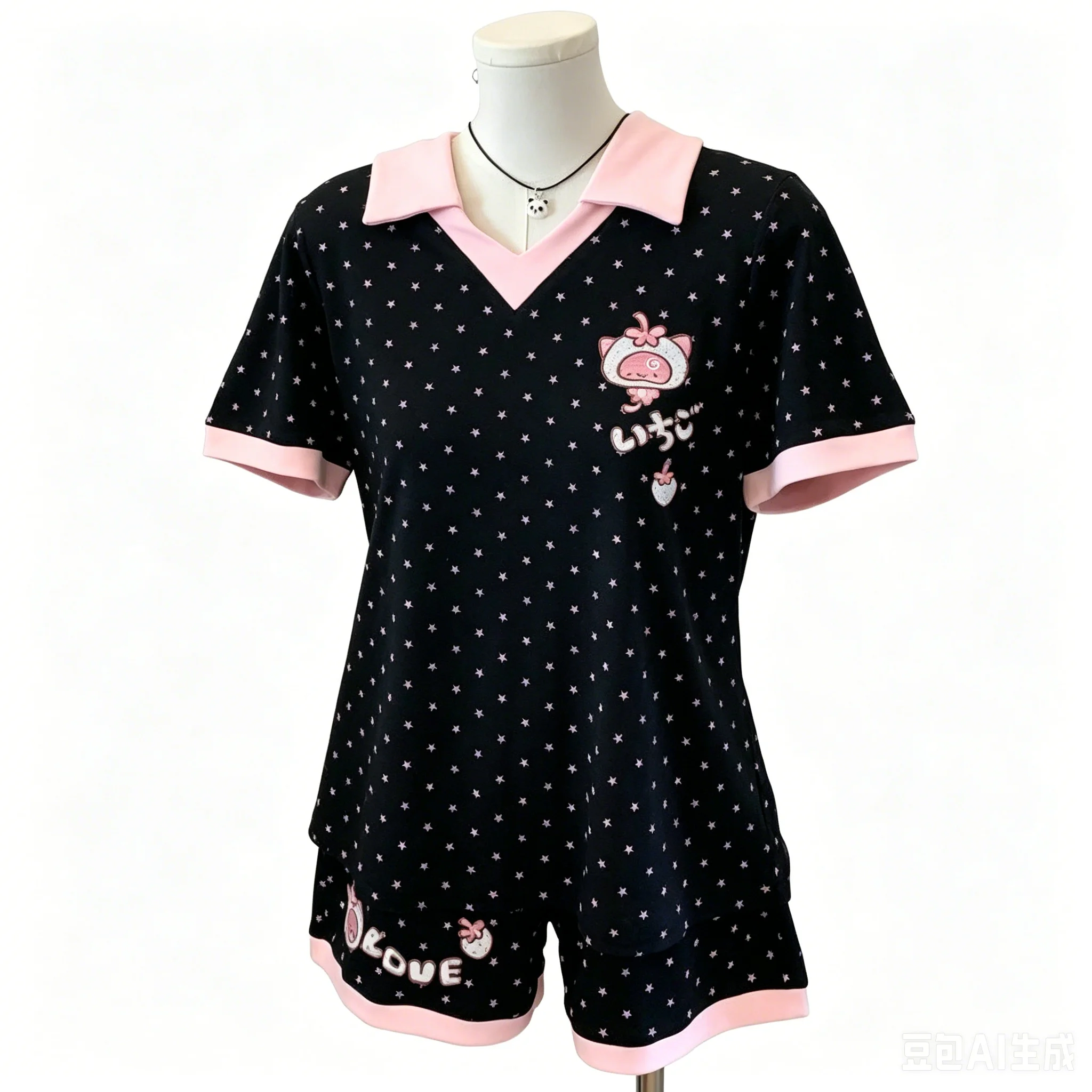 Фото Пижамный комплект Sweet Fairy Kawaii с клубничной вышивкой, топ с V-образным вырезом и воротником-поло, короткий рукав и шорты, комплект из 2 предметов №1