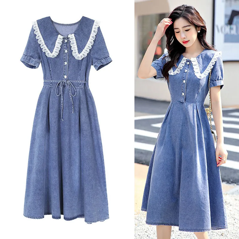 

Женское платье, элегантные платья для женщин, 2022 летние платья, Kawaii Doll, с отворотом, повседневное джинсовое платье, Vestidos, женская одежда