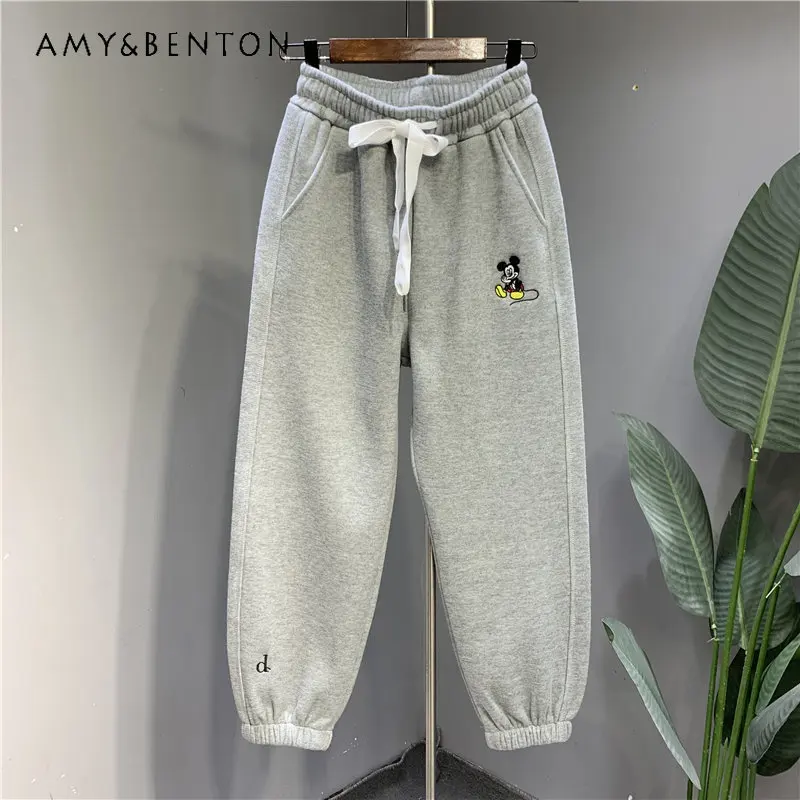 

2023 Spring New Casual Pants Younger Pink Cute Embroidered Ankle-Tied Harem Sweatpants Loose Track Pants Long Trousers Hoodies