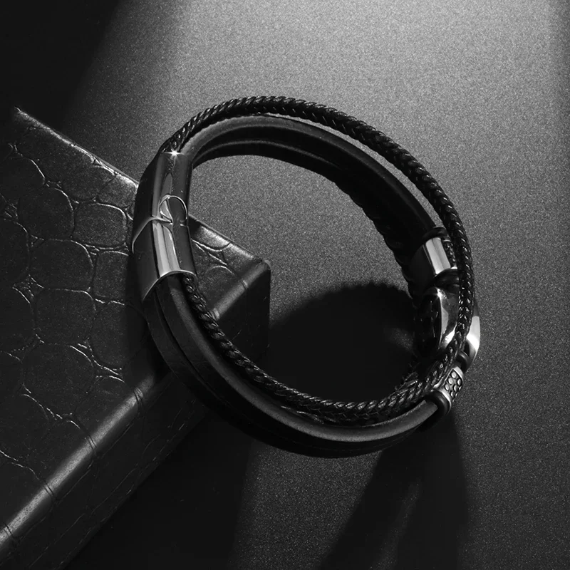 Классический многослойный кожаный браслет для мужчин David Star с магнитной