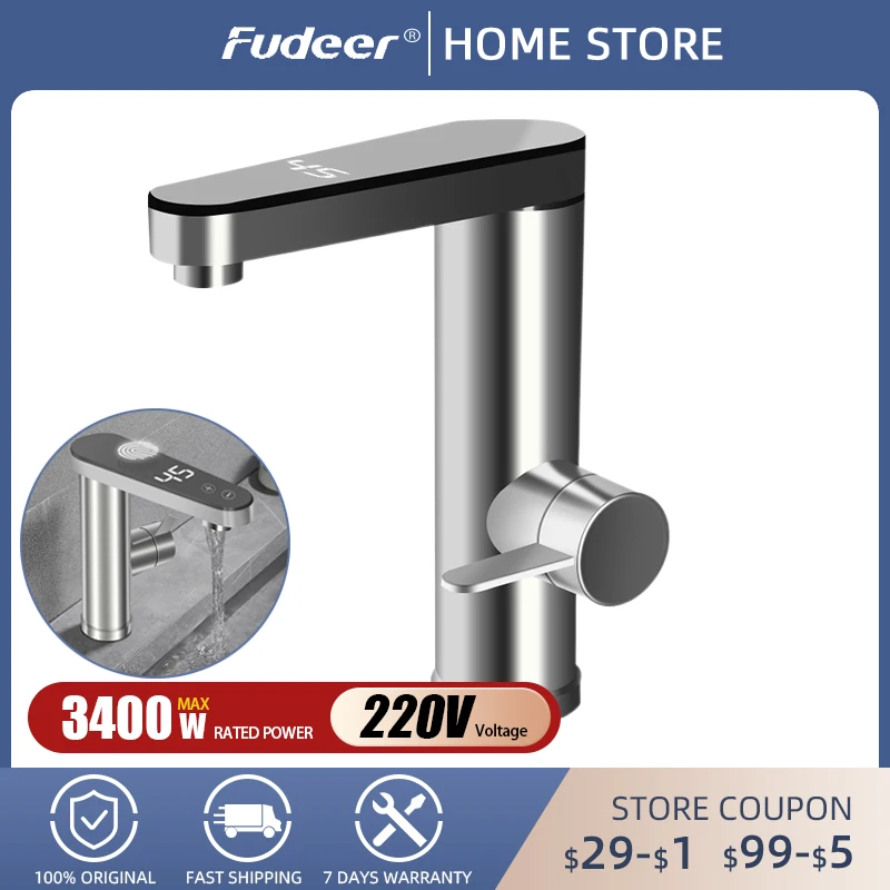 Fudeer Instant Electric Water Heater Faucet 304 Stainless Steel Basin Tankless Hot Cold Water Tap Temperature Adjust 220V 3400W