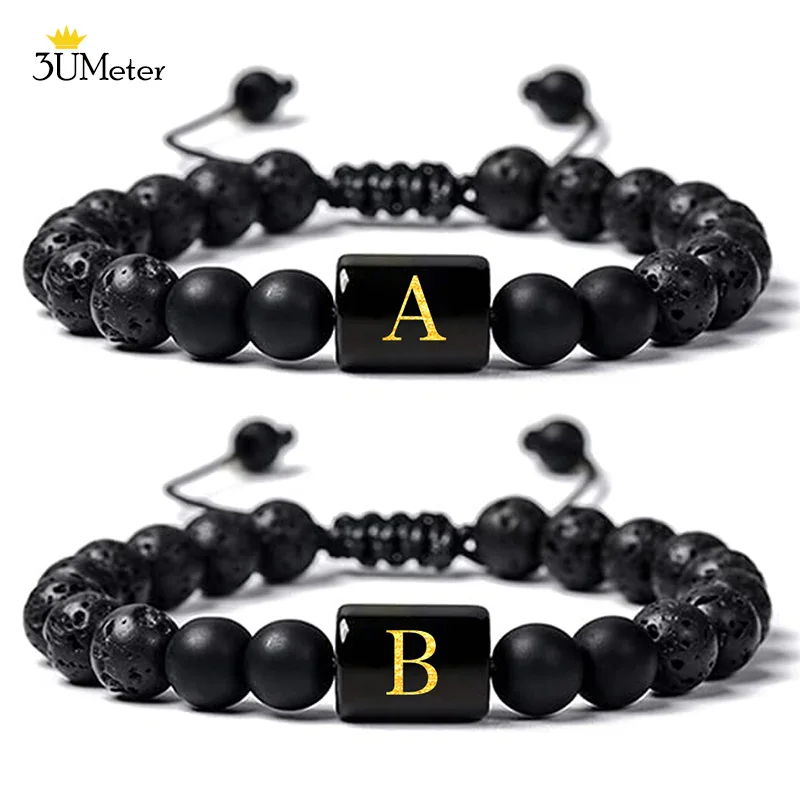 

3UMeter Lava Stone 26 Letters Bracelet DIY Fashion Natural Stone Beads Bracelets for Men Women Couple Bangle Jewelry Love Gift
