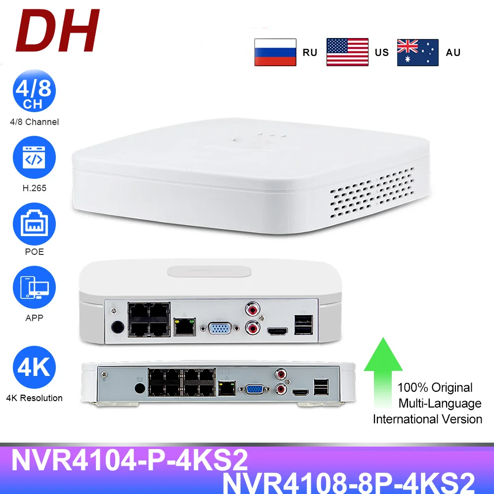 

Dahua 4K PoE NVR 4CH NVR4104-P-4KS2 8CH NVR4108-8P-4KS2 with 4/8CH PoE CCTV Video Recorder Support 2.4 SDK CGI