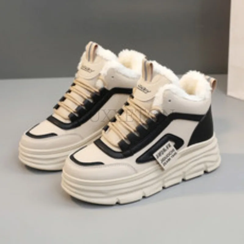 

Women's Winter Plush Sports Shoes with Tie Up PU Thick Sole Platform Shoes Versatile Warmth Snow Boots Cotton Shoes