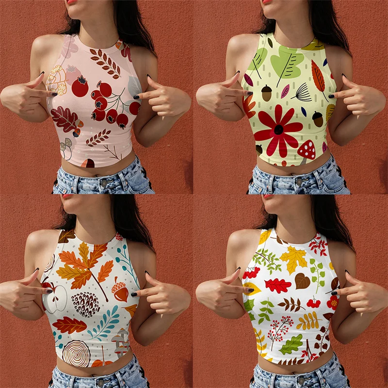

Summer Women Top Sexy Midriff-baring Vest Sling Crop Sleeveless Casual Clothes Print Comfortable Simple Style