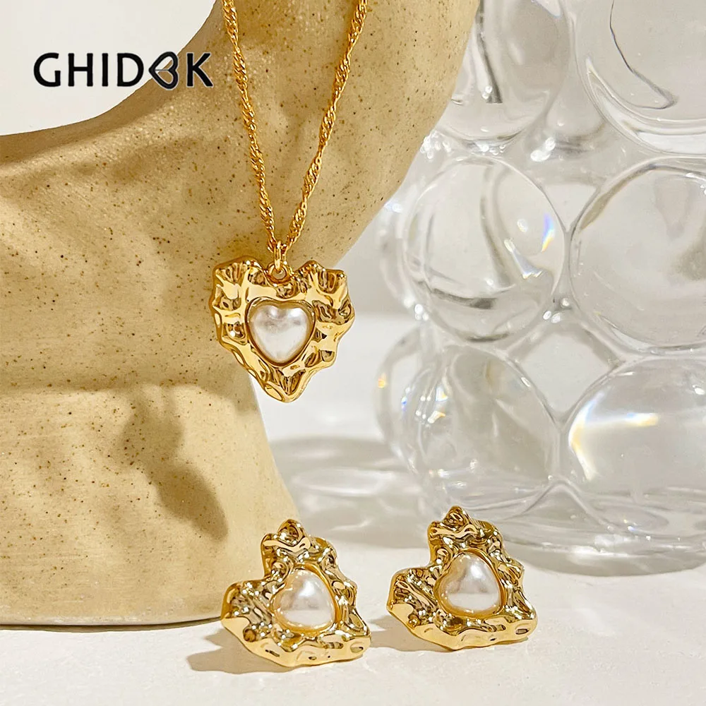 

GHIDBK Dainty 14K Gold Plated Faux Pearl Harmmered Heart Pendant Necklace Earrings Jewelry Set Women Valentine's Day Gifts