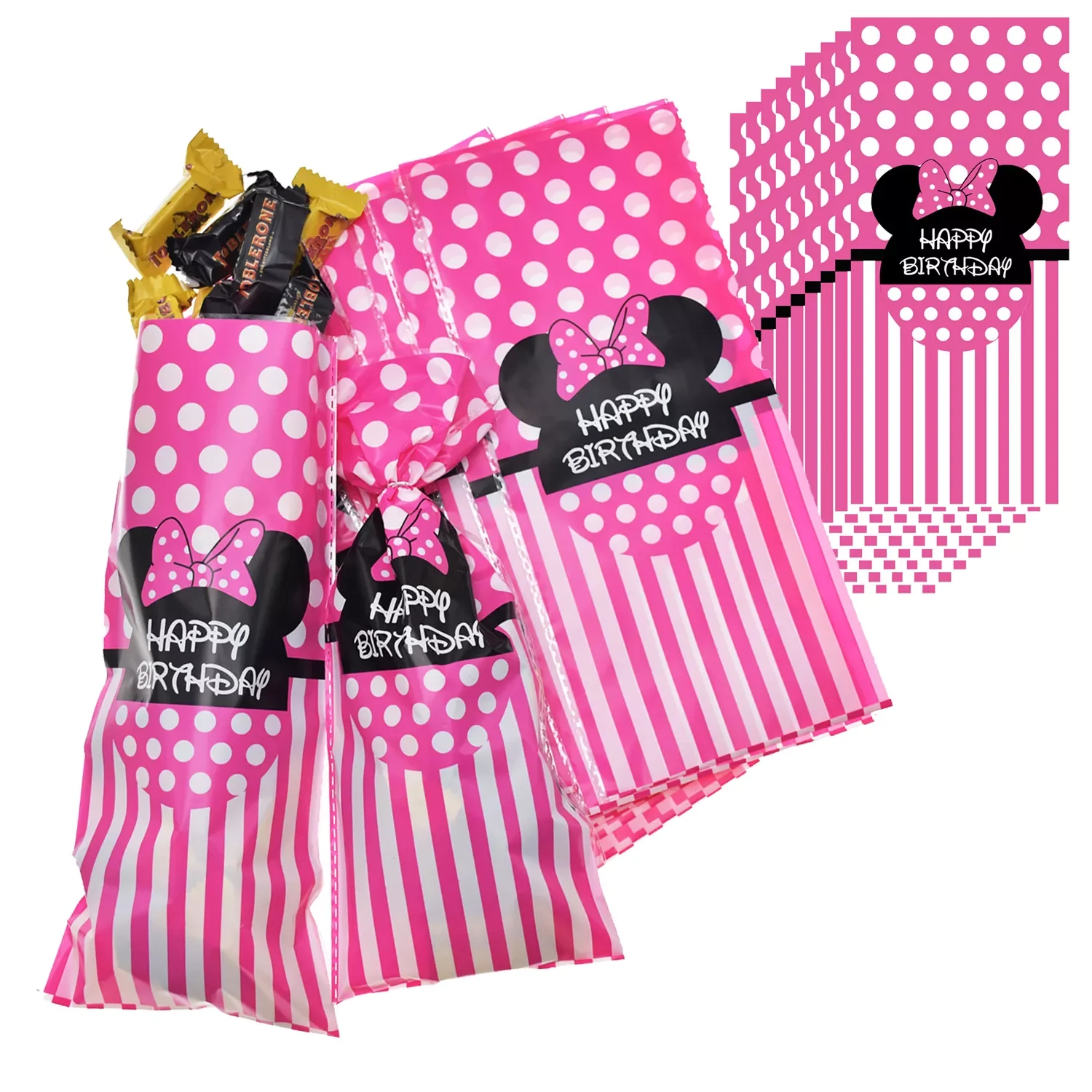 

Pink Minnie Ears Cellophane Treat Bags Good for Bakery Cookies Candies Dessert with Sliver Twist Ties for Birthday Party Favors