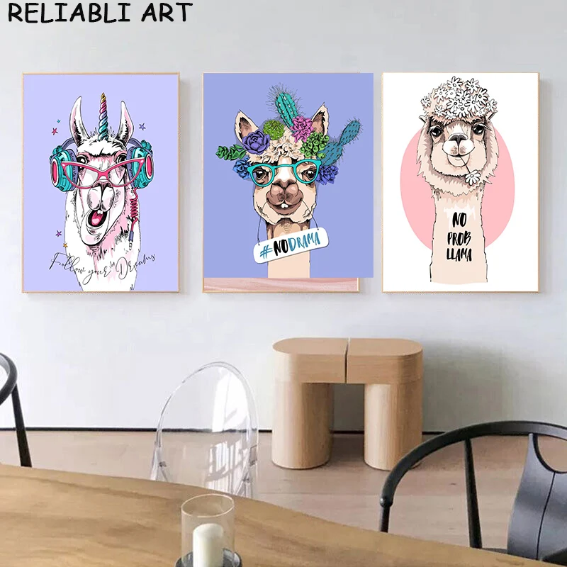 

Abstract Anime Style Animals Wall Art Alpaca Flowers Music Canvas Painting Postre and Prints For Living Room Home Decor No Frame